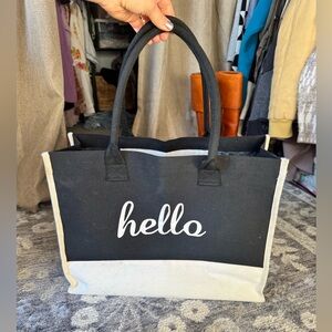 Hello Black and Cream Canvas Tote Bag